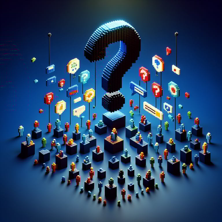3D voxel art depicting online customer satisfaction survey process on a dark blue background.