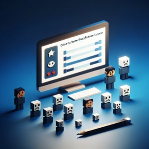 3D voxel art illustrating online customer satisfaction surveys on a dark blue background.