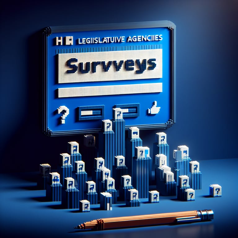 3D voxel art depicting online surveys, ideal for legislative agency surveys, set against a dark blue background.