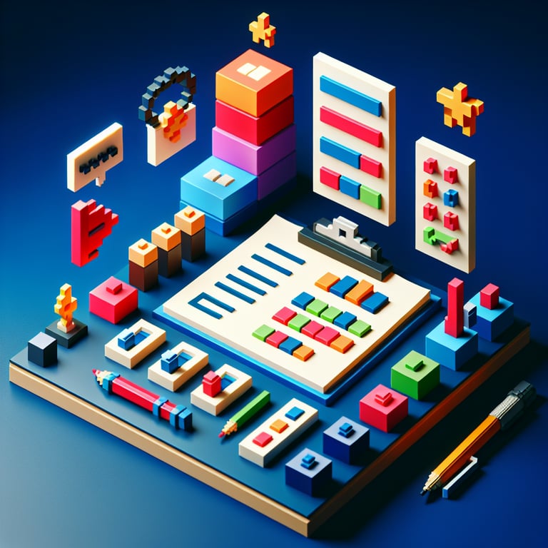 3D voxel art depicting online surveys, embodying the concept of descriptive research surveys.
