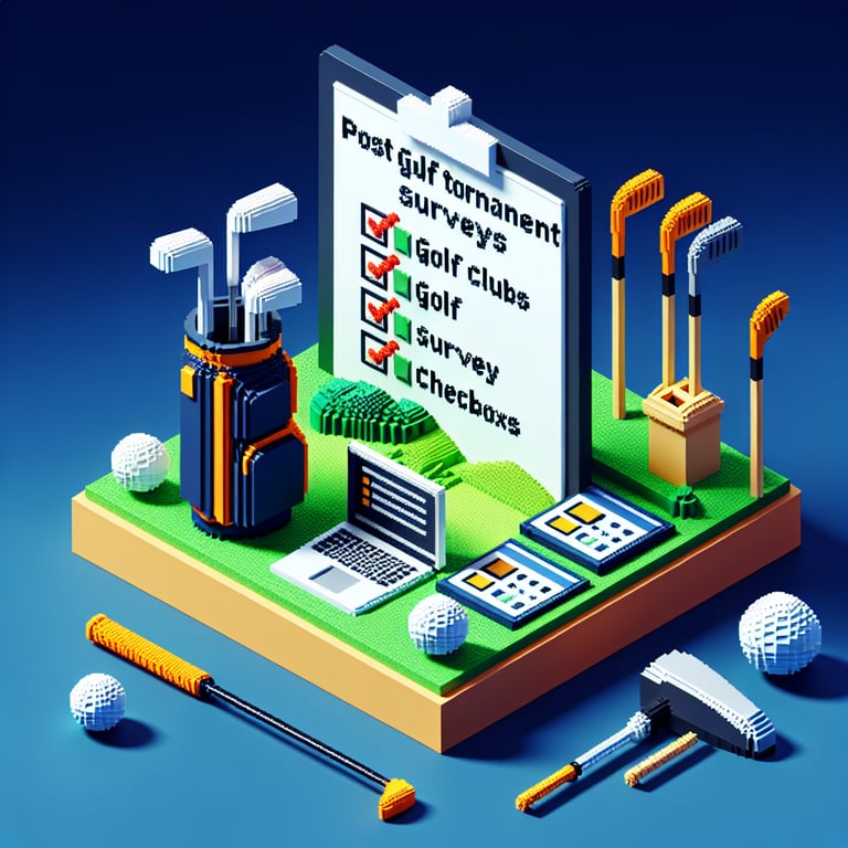 3D voxel art depicting online post golf tournament survey concept on a dark blue background.