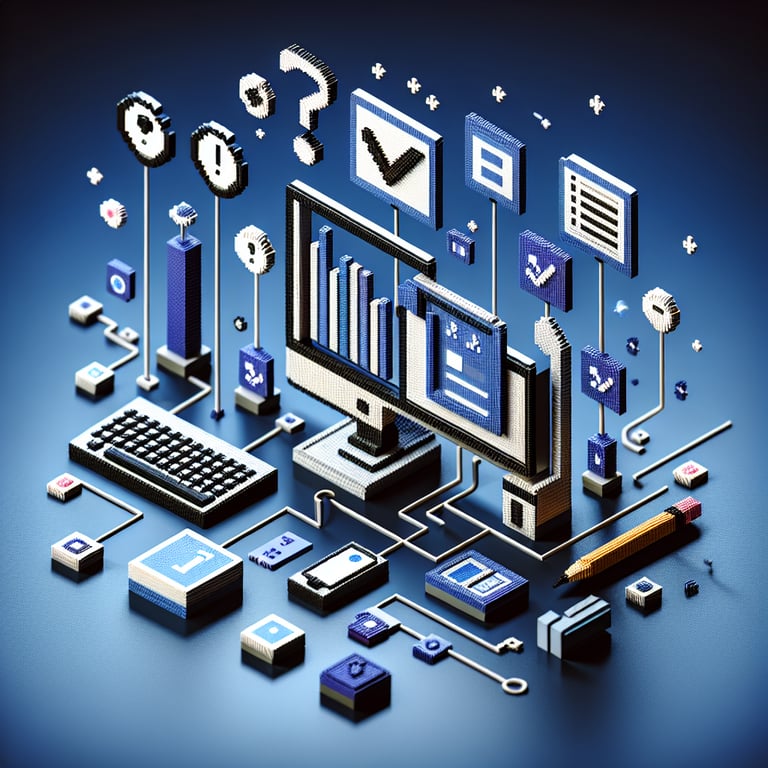 3D voxel art depicting online IT department surveys on a dark blue background.