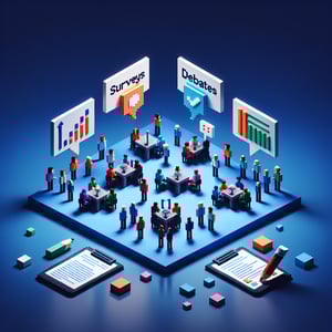 3D voxel art depicting the concept of online bug question debates and surveys on a dark blue background.