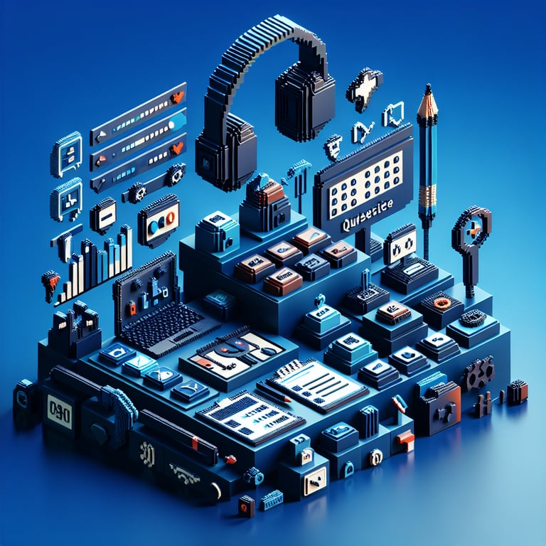 3D voxel art depicting online survey elements on a dark blue background, representing coaching program surveys.