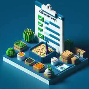 3D voxel art depicting online surveys on food insecurity, set against a dark blue background.