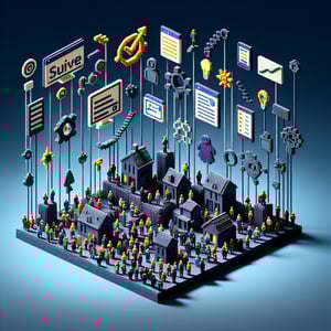 3D voxel art depicting online neighborhood problem-solving surveys on a dark blue background.