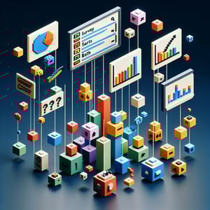 3D voxel art depicting online math survey concept on a dark blue background.