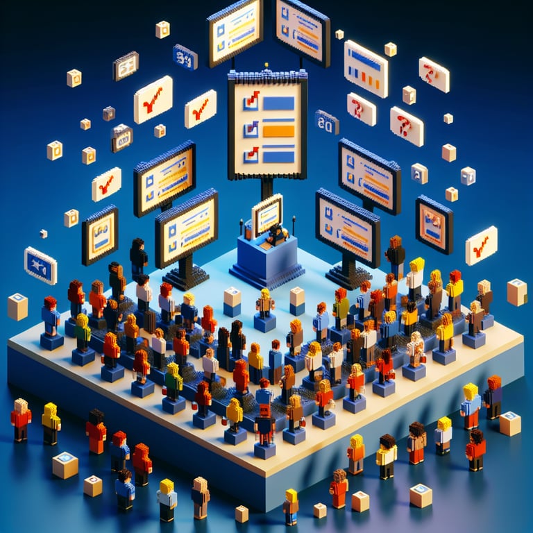 3D voxel art depicting online surveys, symbolizing post software demo survey insights on a dark blue background