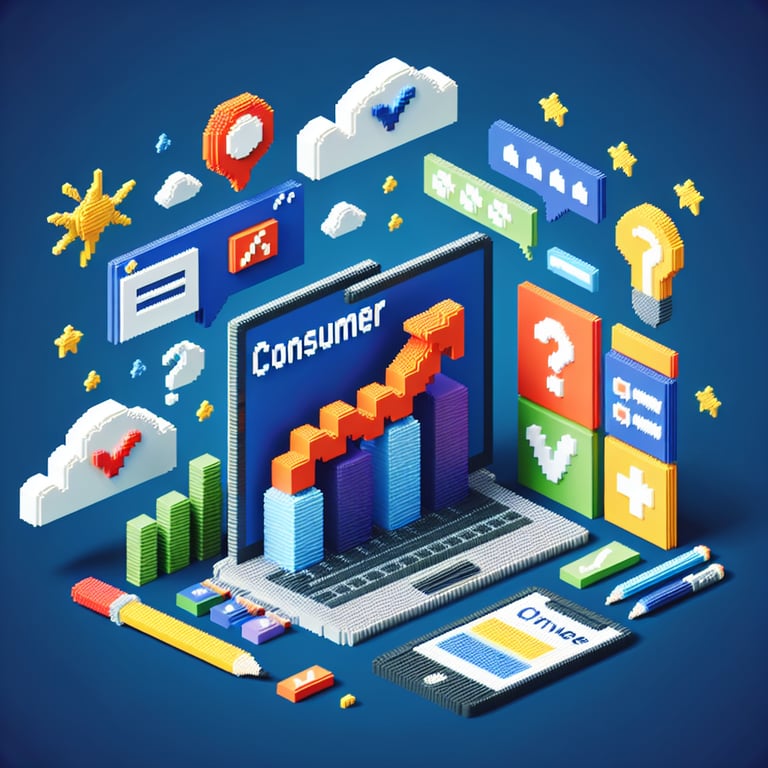 3D voxel art depicting online consumer confidence surveys on a dark blue background.