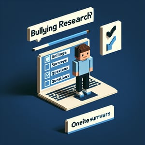 3D voxel art depicting the concept of online surveys for bullying research on a dark blue background.
