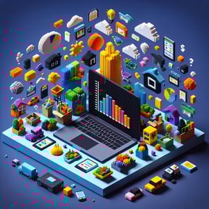3D voxel art depicting online cost of living surveys on a dark blue background.