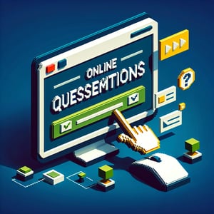 3D voxel art depicting online surveys on a dark blue background, representing CE 8351 surveying important questions.