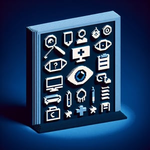 3D voxel art of online survey concept with cataract surgery theme on a dark blue background.