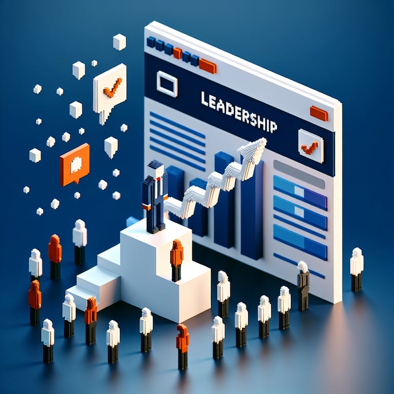 3D voxel art depicting online leadership surveys, set against a dark blue background.