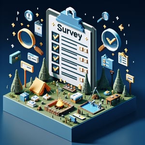 3D voxel art depicting online survey concept on a dark blue background for retreat planning.