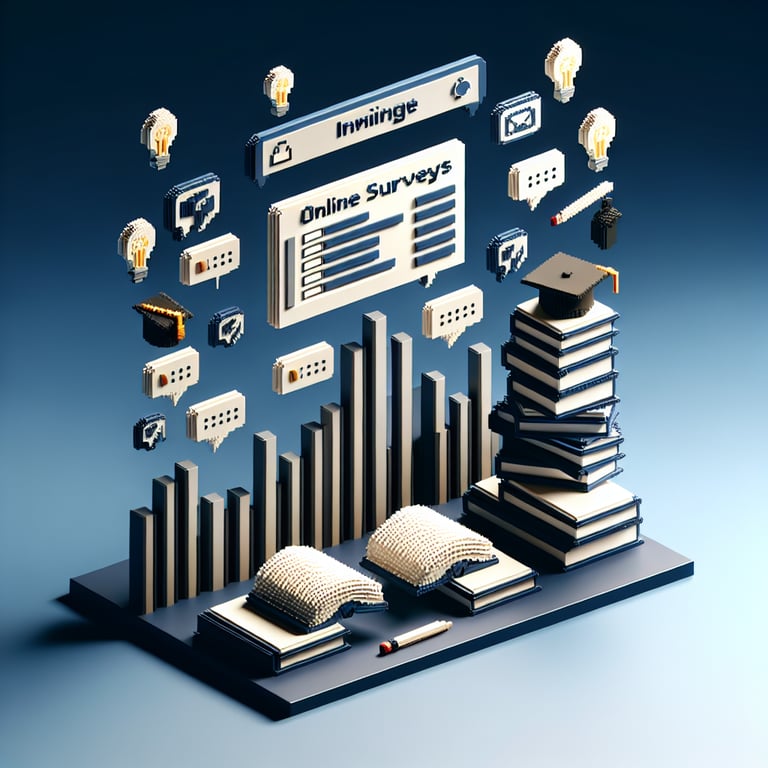 3D voxel art depicting online surveys, emphasizing questions about education level, on a dark blue background.
