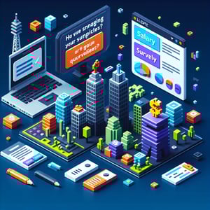 3D voxel art depicting the concept of online salary survey questions on a dark blue background.