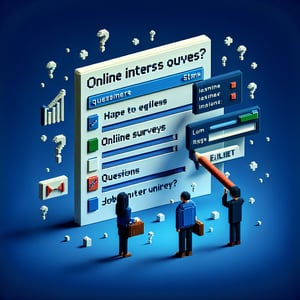 3D voxel art depicting online job interest surveys on a dark blue background.