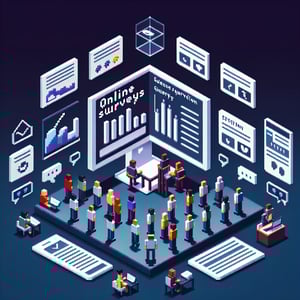 3D voxel art depicting the concept of online pulse surveys on a dark blue background.