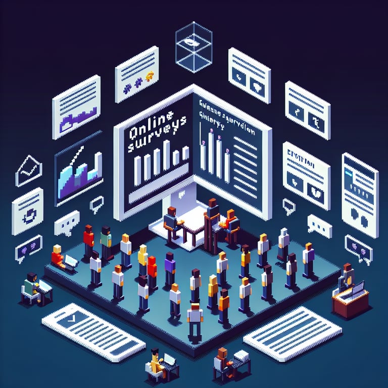 3D voxel art depicting the concept of online pulse surveys on a dark blue background.