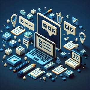 3D voxel art depicting online surveys with a dark blue background, symbolizing pre-event survey questions.