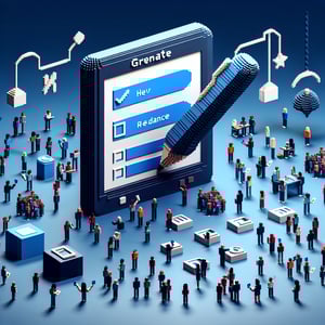 3D voxel art depicting the concept of online creative audience surveys on a dark blue background.