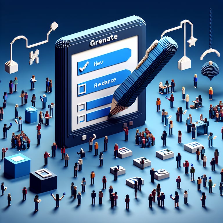 3D voxel art depicting the concept of online creative audience surveys on a dark blue background.