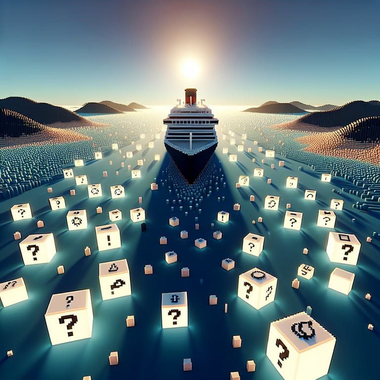 3D voxel art displaying online survey concept with cruise ship elements on a dark blue background.