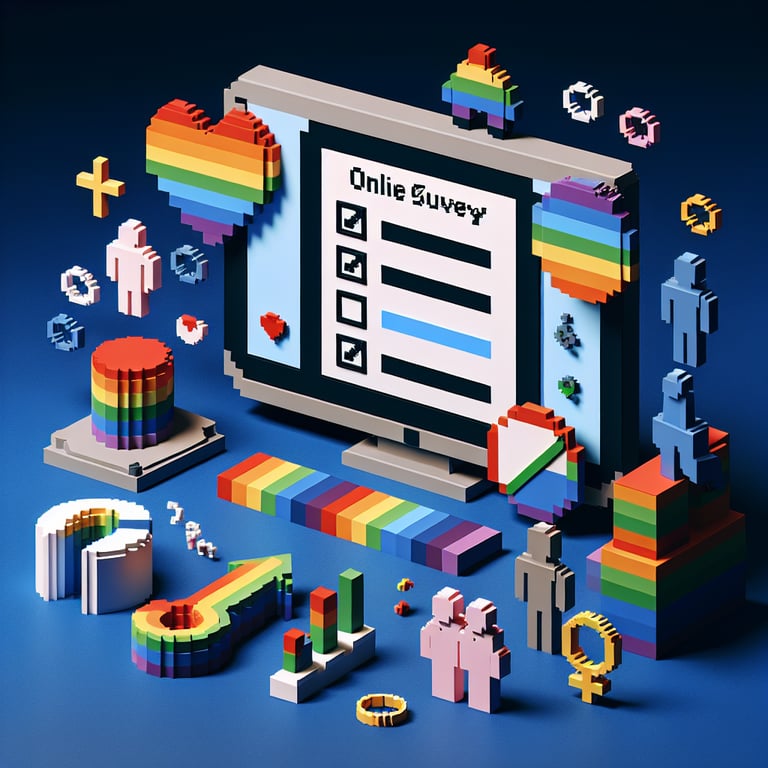 3D voxel art depicting online surveys related to gay marriage on a dark blue background.