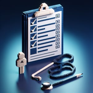 3D voxel art depicting online medical surveys against a dark blue background.