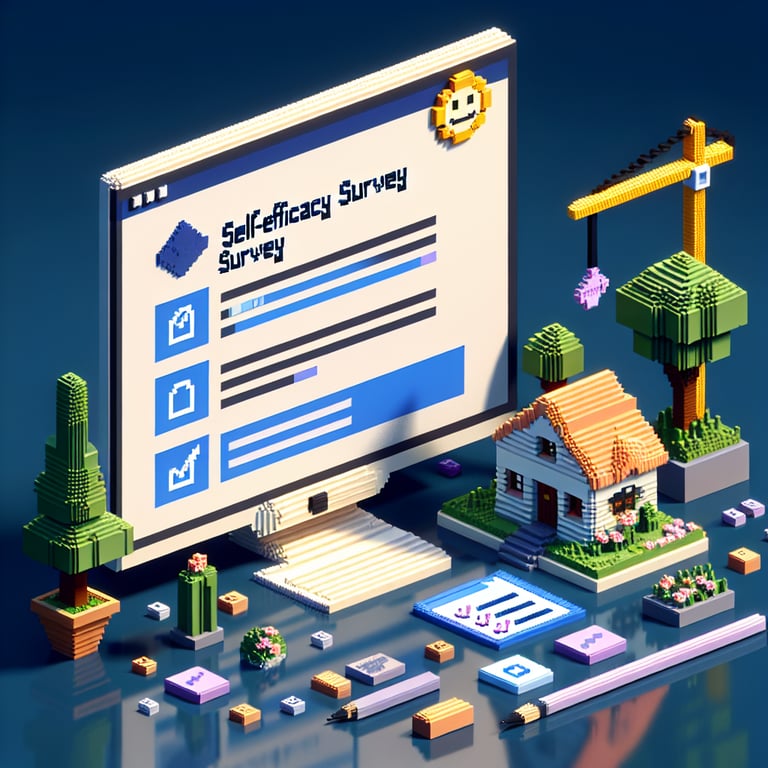 3D voxel art depicting the concept of online self-efficacy surveys with 15 questions on a dark blue background.