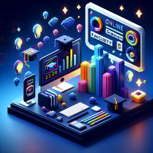 3D voxel art depicting the concept of online faculty development surveys with a dark blue background.
