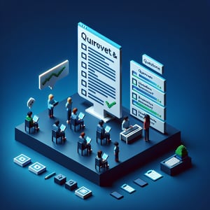 3D voxel art depicting the concept of online alumni surveys on a dark blue background.