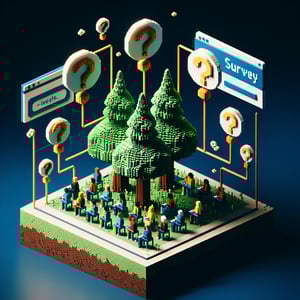 3D voxel art representing online surveys on nature deficit disorder with a dark blue background.