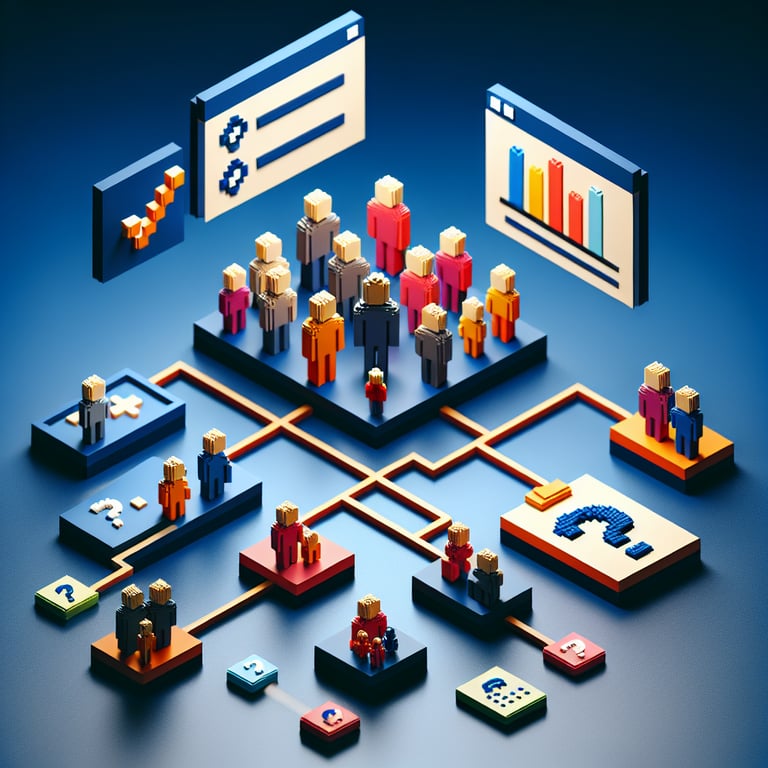 3D voxel art illustrating kinship survey elements against a dark slate backdrop.