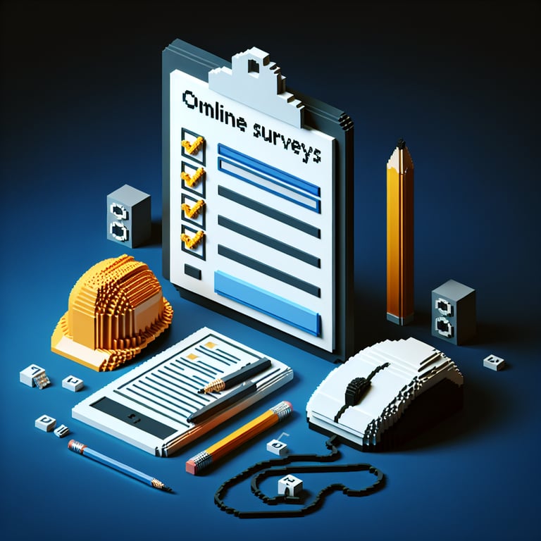 3D voxel art depicting online construction company surveys on a dark blue background.