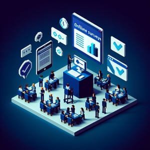 3D voxel art depicting online surveys and questions on a dark blue background.