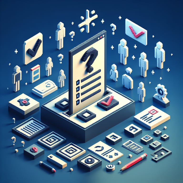 3D voxel art depicting the concept of online preretreat staff surveys on a dark blue background.