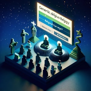 3D voxel art depicting online Scientology surveys on a dark blue background.
