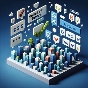 3D voxel art depicting online exit surveys against a dark blue background.