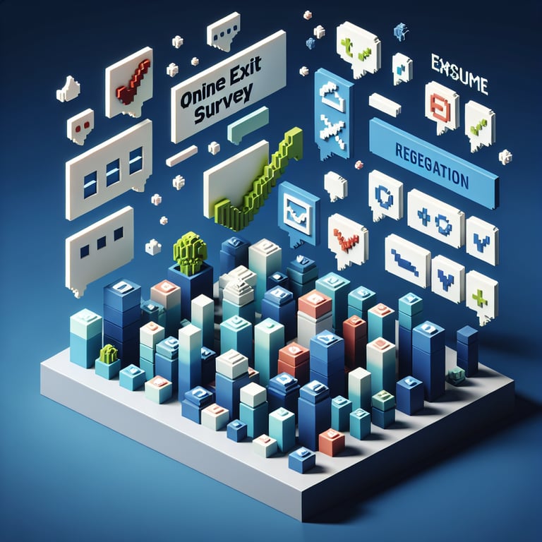 3D voxel art depicting online exit surveys against a dark blue background.