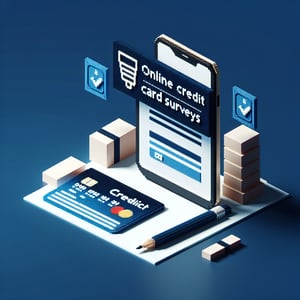 3D voxel art of online survey concept on a dark blue background, representing credit card survey questions.