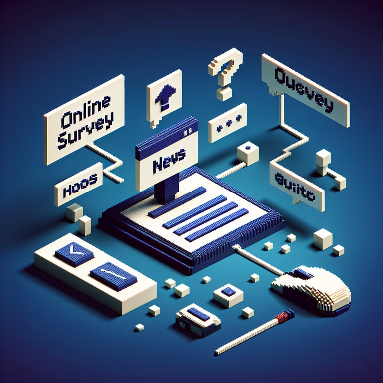 3D voxel art depicting online news surveys and questions on a dark blue background.