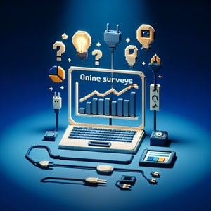 3D voxel art of online electricity surveys on a dark blue background.