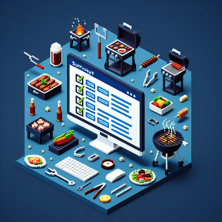 3D voxel art of BBQ grill and checklist, symbolizing online surveys about barbecue, on a dark blue background.