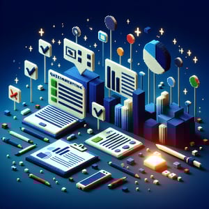 3D voxel art depicting the concept of online open surveys on a dark blue background.
