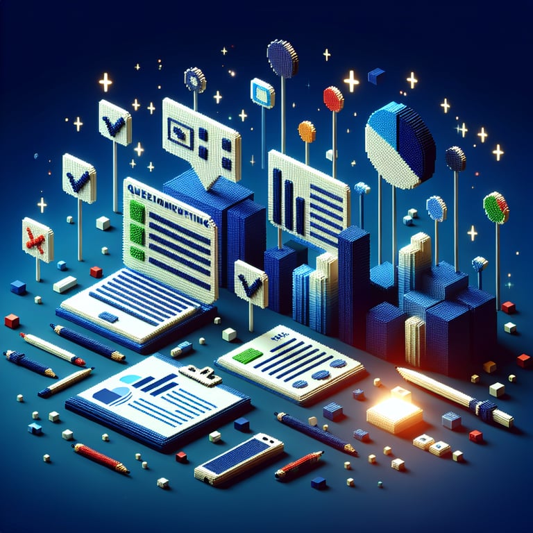 3D voxel art depicting the concept of online open surveys on a dark blue background.