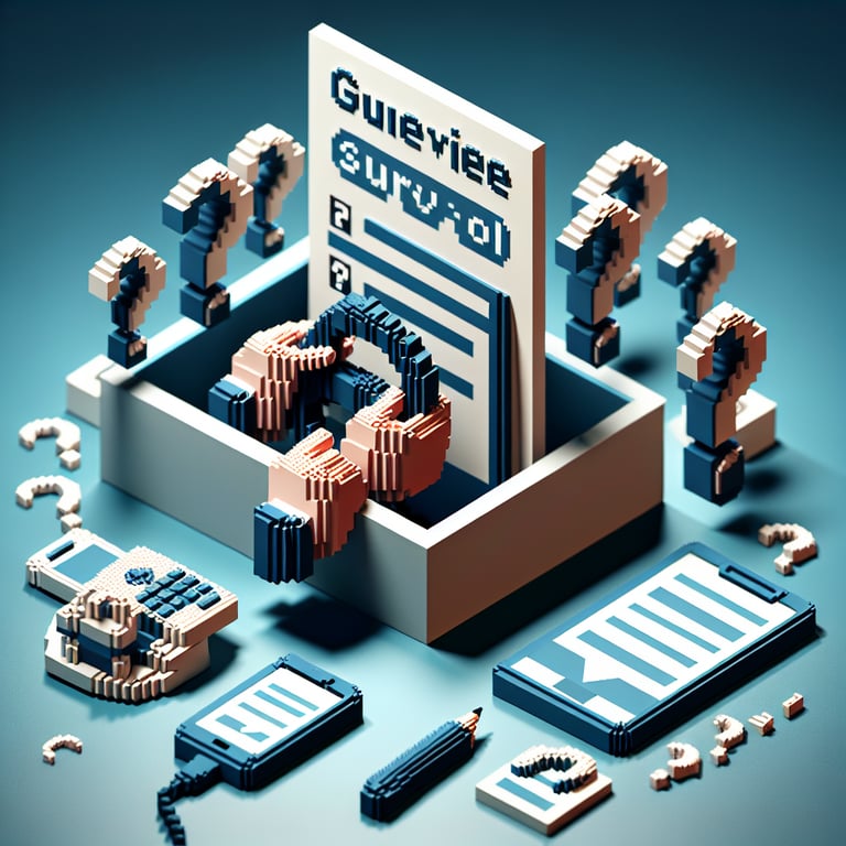 3D voxel art depicting online survey concept with a focus on distracted driving, set against a dark blue background.