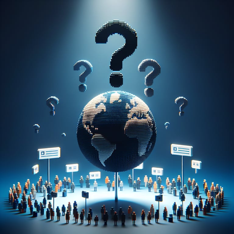 3D voxel art depicting online market research surveys on a dark blue background.