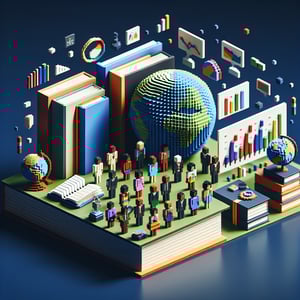 3D voxel art depicting online biracial survey concept on a dark blue background.